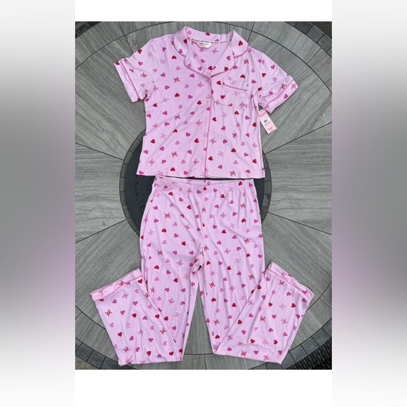 Juicy Couture Heart Logo Pajama Set Sleepwear Shirt/Pants JC Toss Pink  New - Picture 8 of 9